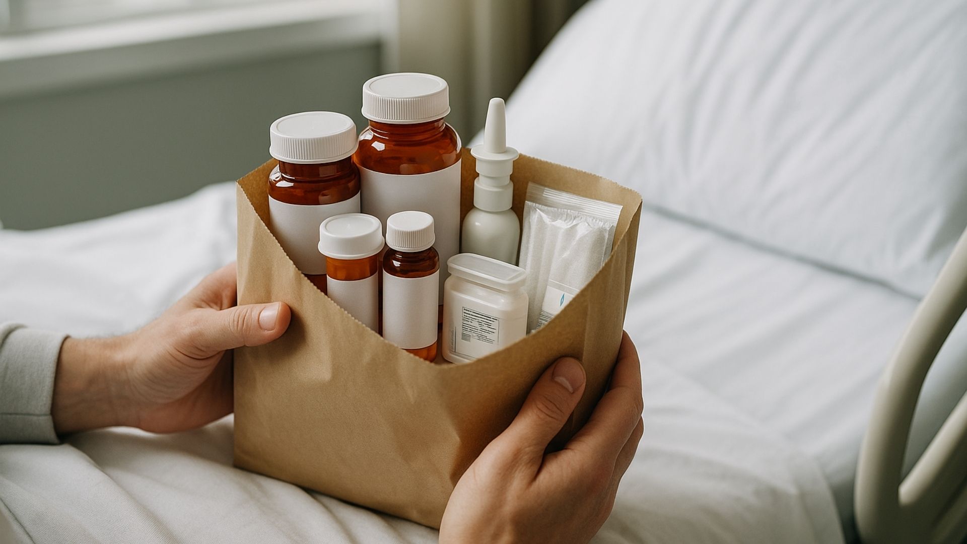 Hands holding bag with prescription bottles and medical supplies