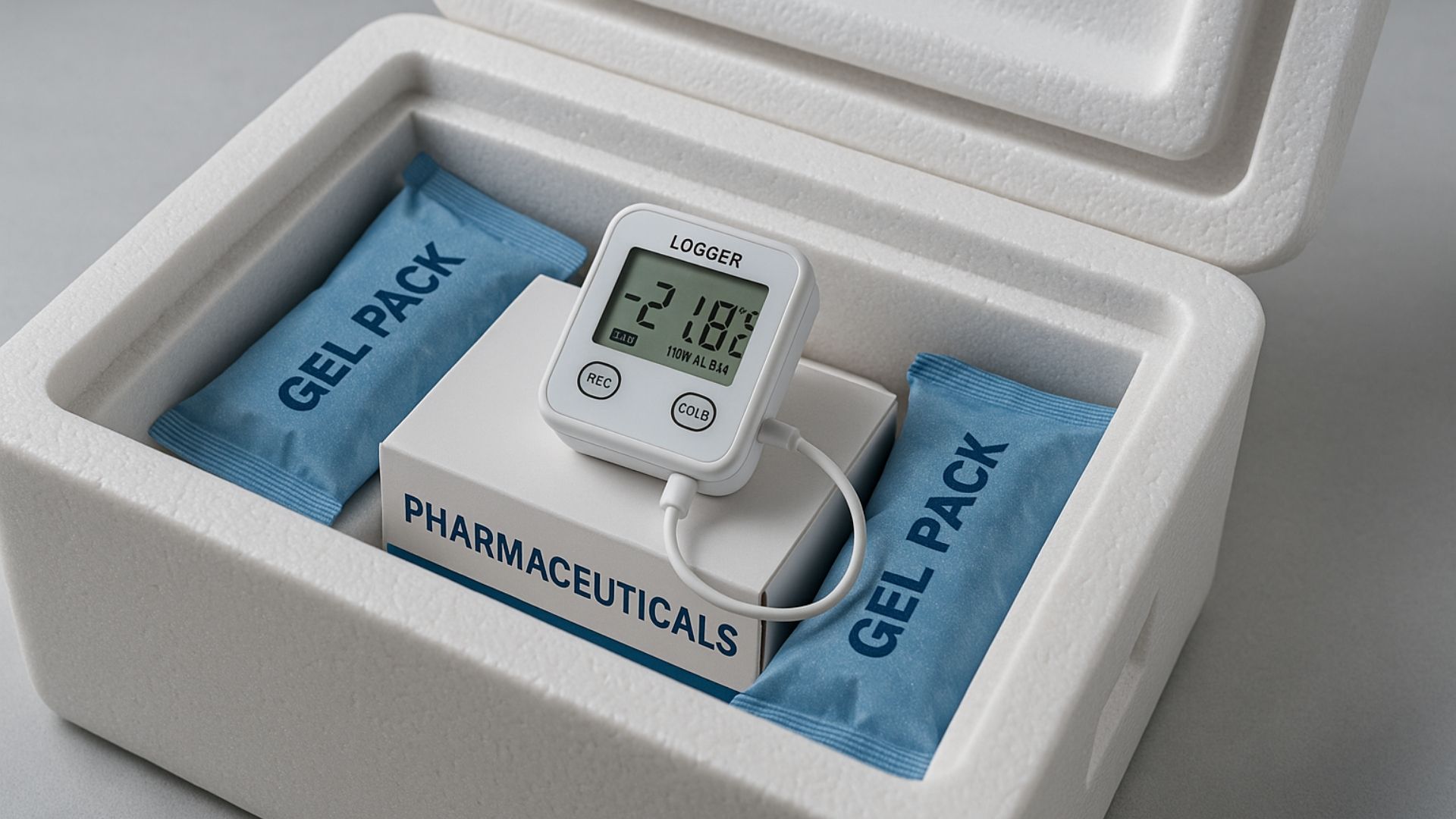 Insulated shipping box with temperature monitoring device and pharmaceutical cold storage materials