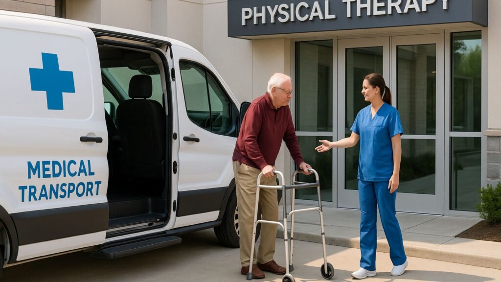 Patient with walker being dropped off at physical therapy clinic by medical transport