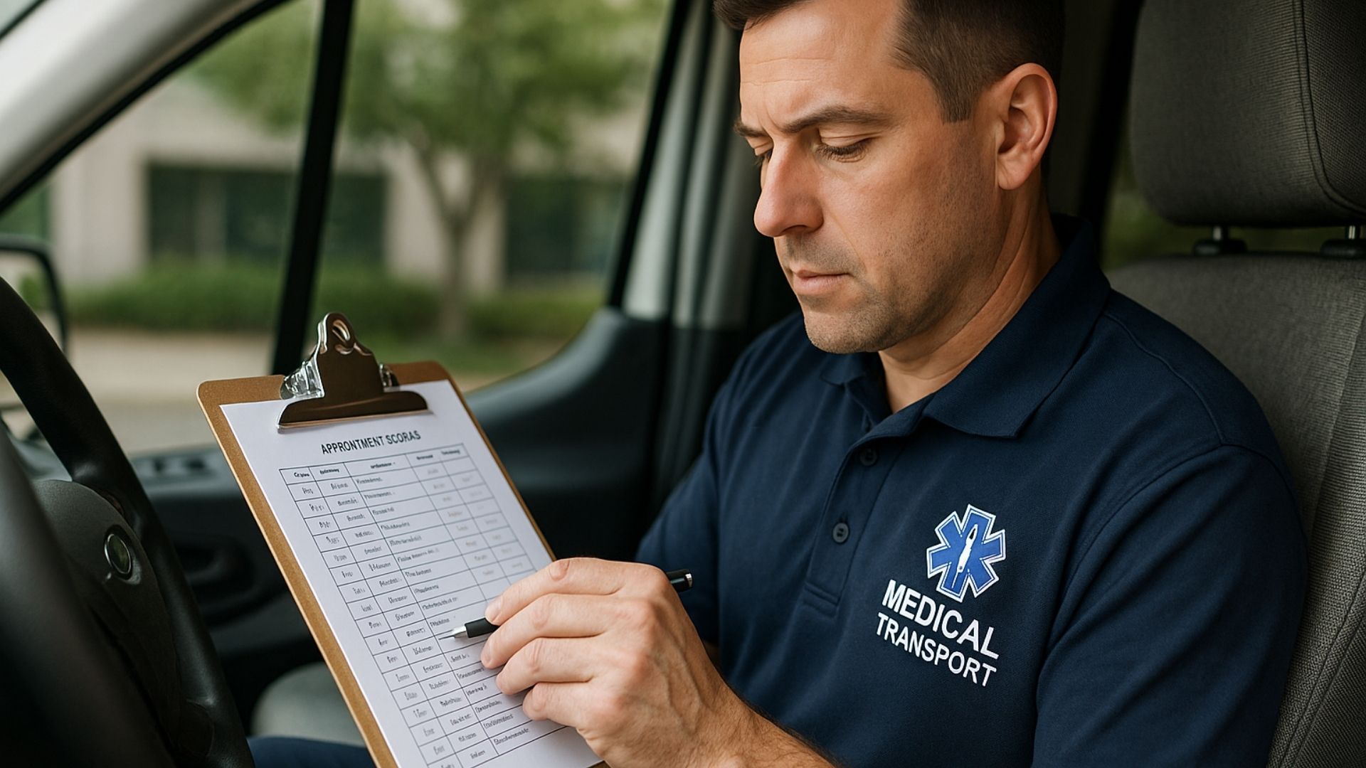 Medical transport driver in uniform reviewing appointment schedule on clipboard