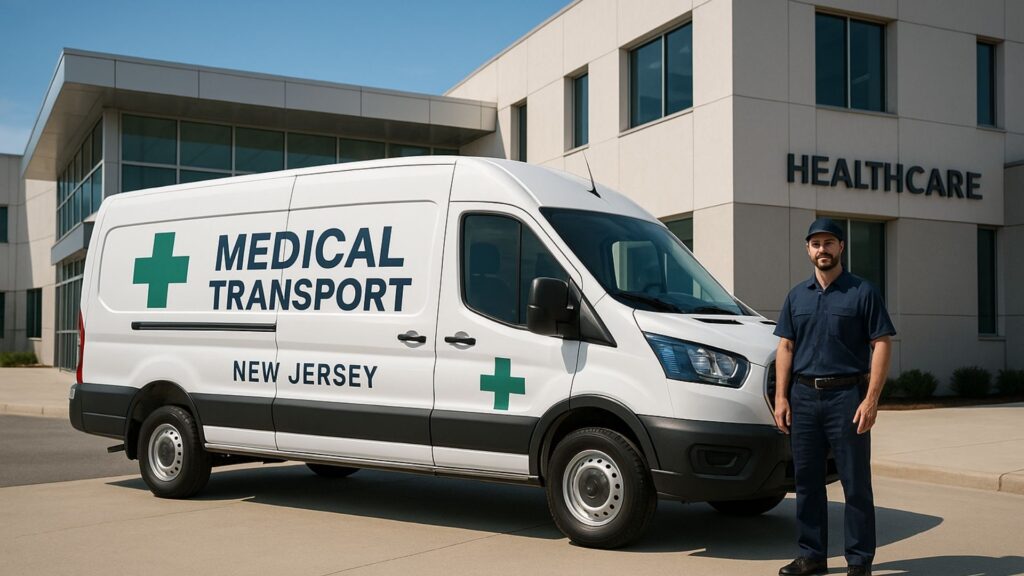 White medical transport van with professional branding parked at healthcare facility
