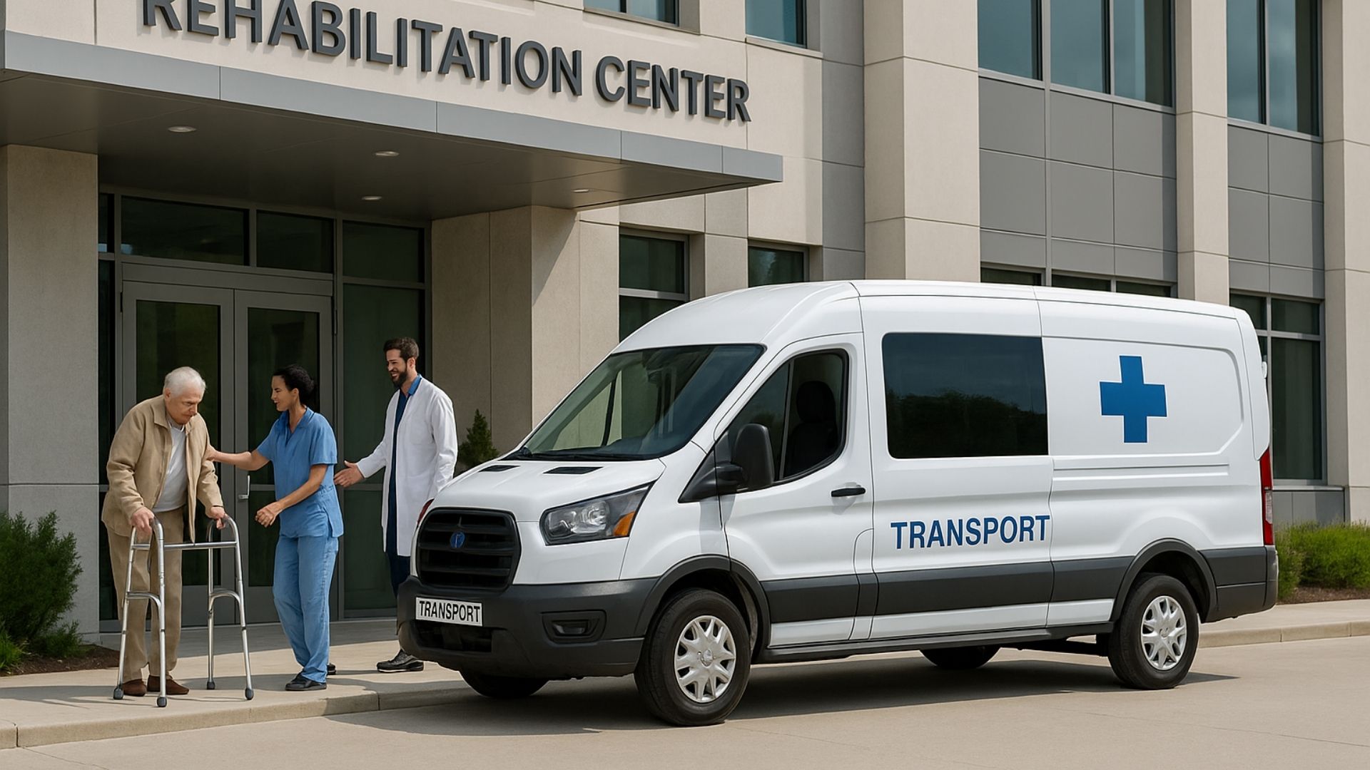 Medical transport van at rehabilitation center entrance with staff assisting patients