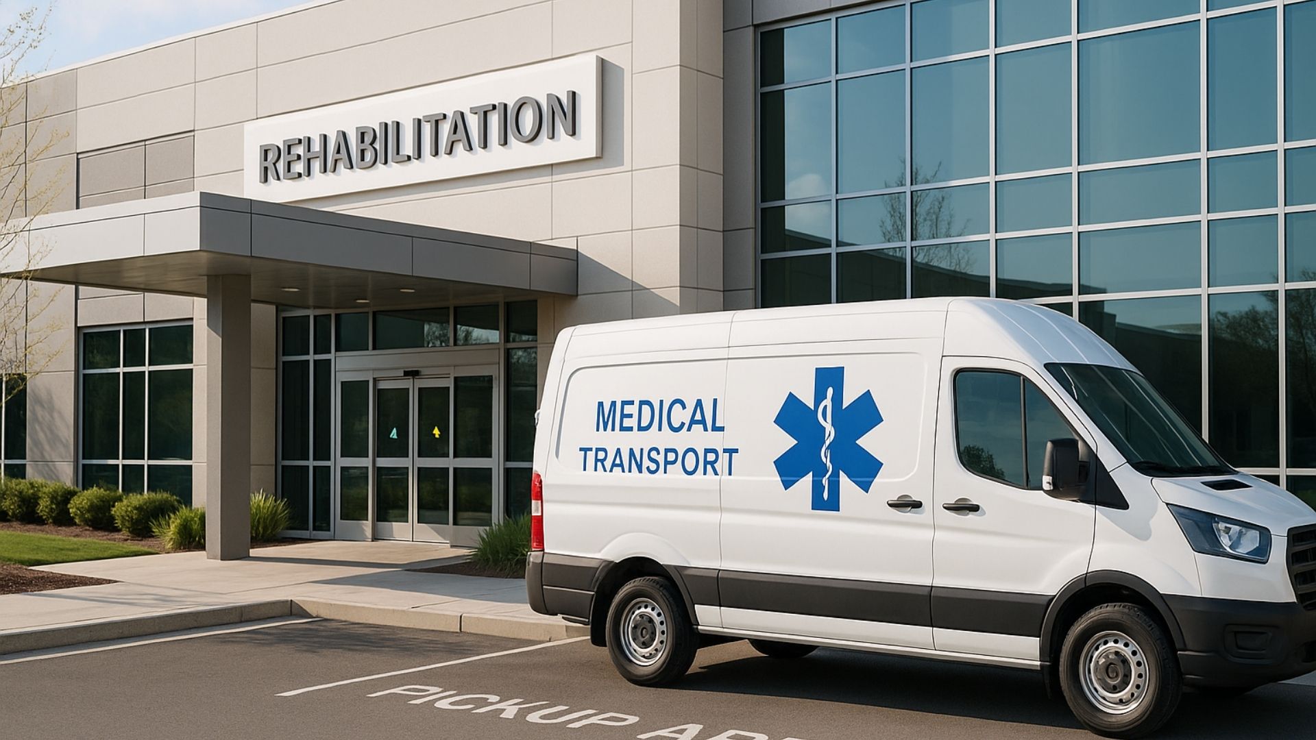 Medical transport van parked outside modern rehabilitation center building