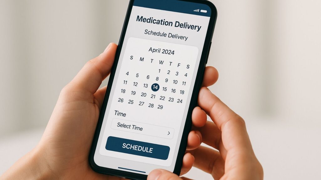 Smartphone showing medication delivery scheduling app interface