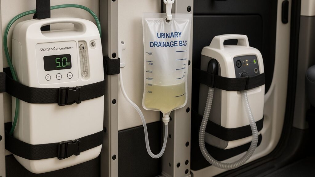 Close-up of oxygen concentrator, catheter bag, and wound vac device secured with straps in medical vehicle