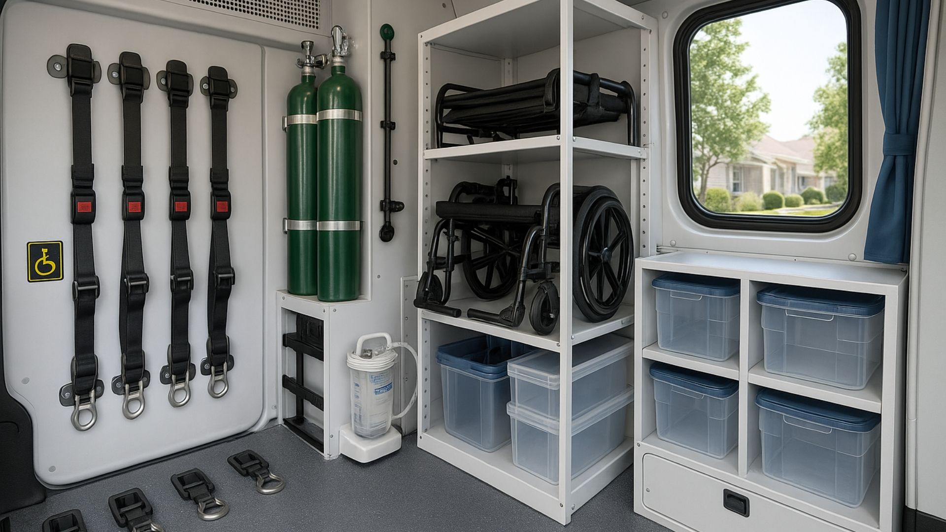 Organized medical equipment storage compartments in specialized transport vehicle