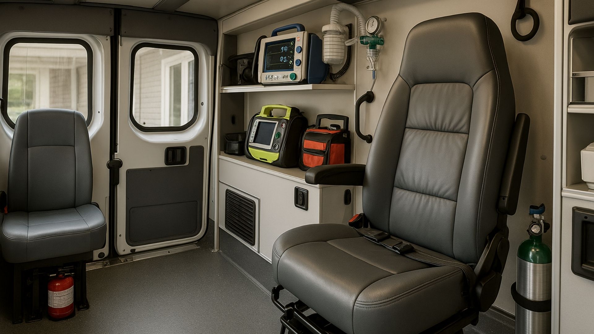 Interior of medical transport van showing specialized patient seating and safety equipment