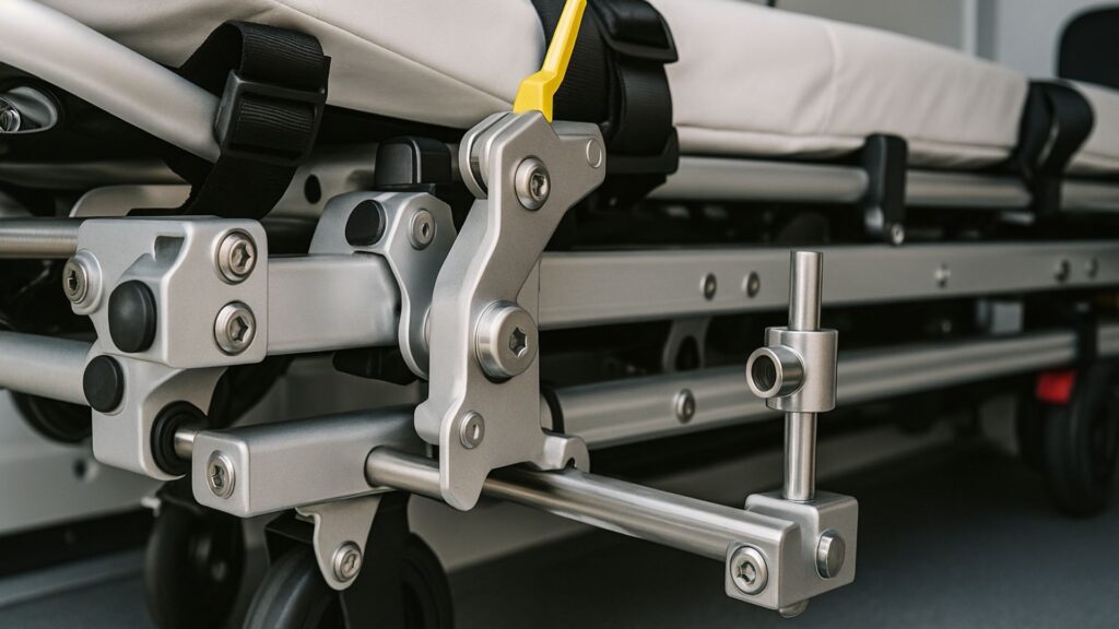 Close-up of stretcher mounting rails and safety clamps in medical vehicle