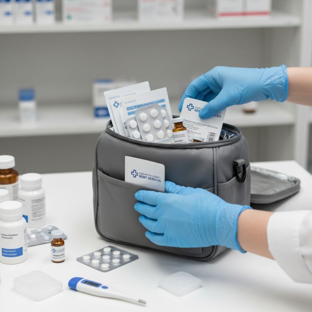 Gloved hands placing medications into insulated delivery bag for transport