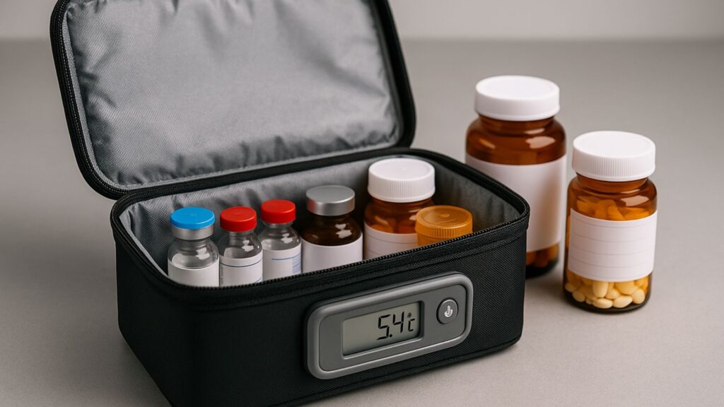 Insulated cooler bag with thermometer displaying medication vials and pill bottles for delivery