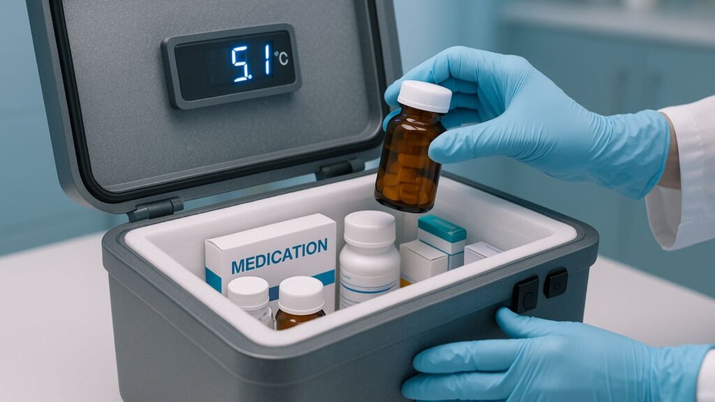 Insulated medication delivery container with temperature monitoring and pharmaceutical packages