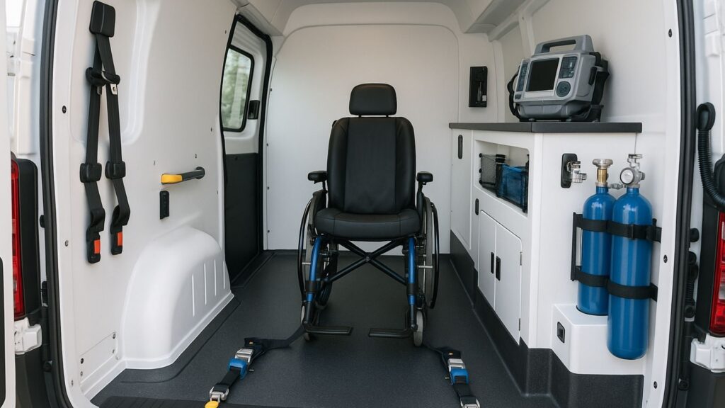 Interior of medical van with wheelchair restraint system and safety equipment installed