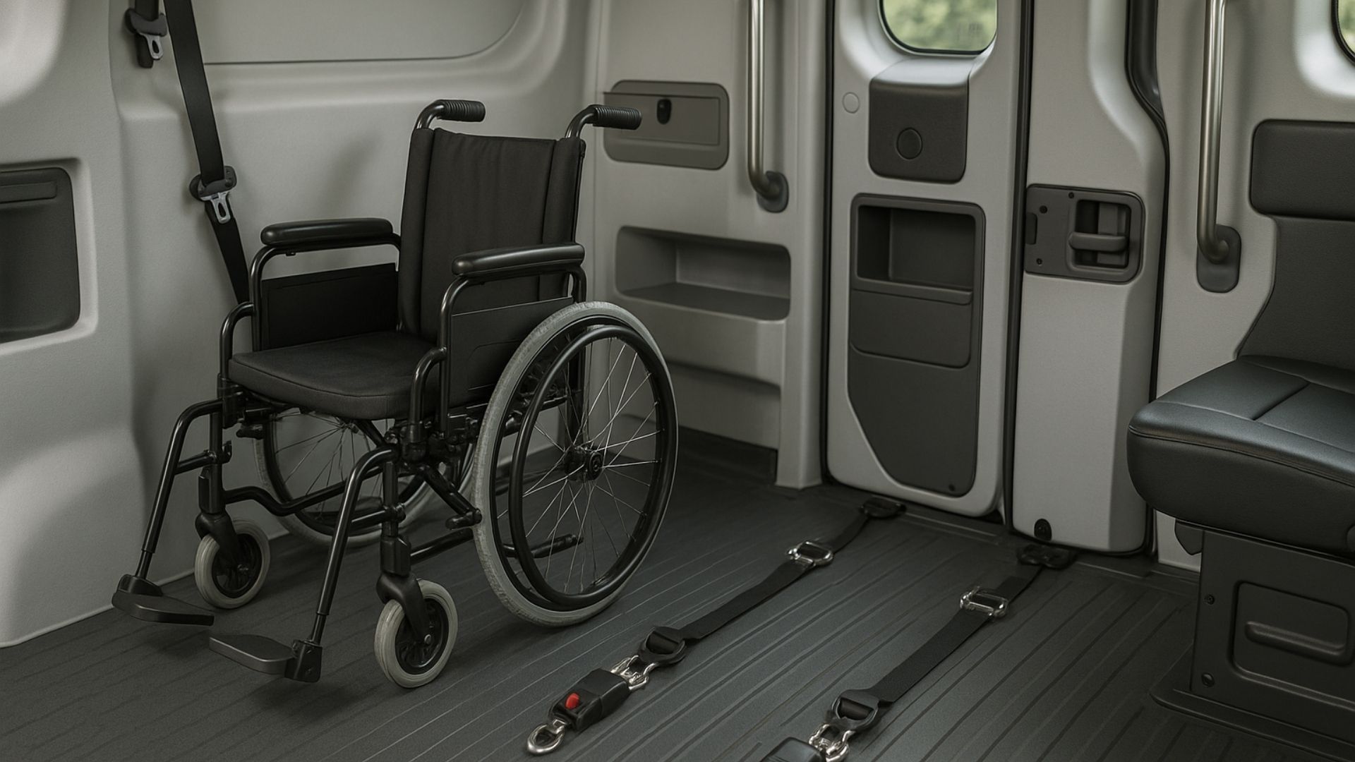 Interior of medical transport van showing wheelchair securement systems and safety equipment