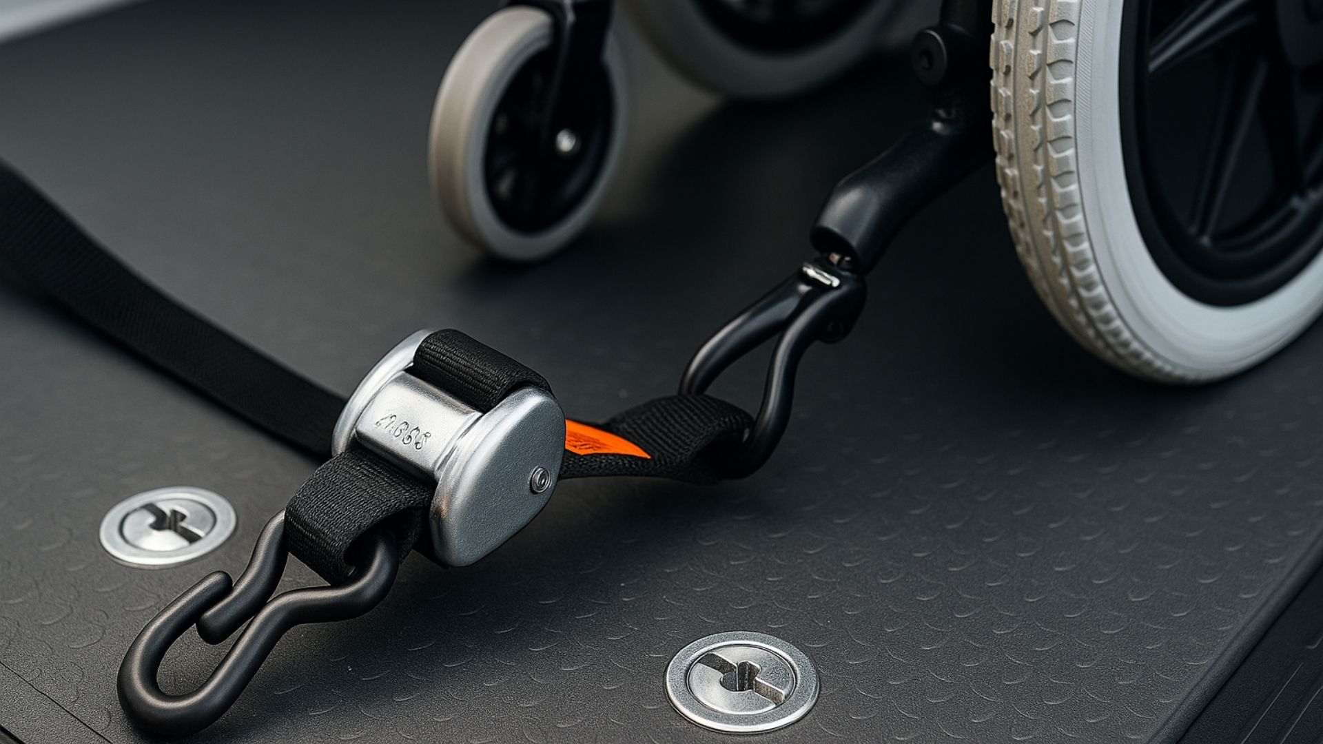 Close-up of wheelchair tie-down straps and floor anchor points in medical transport